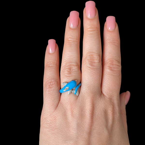 EFFY Dolphin Wrap Ring Diamonds Blue Enamel 14k White Gold New Old Stock with tags