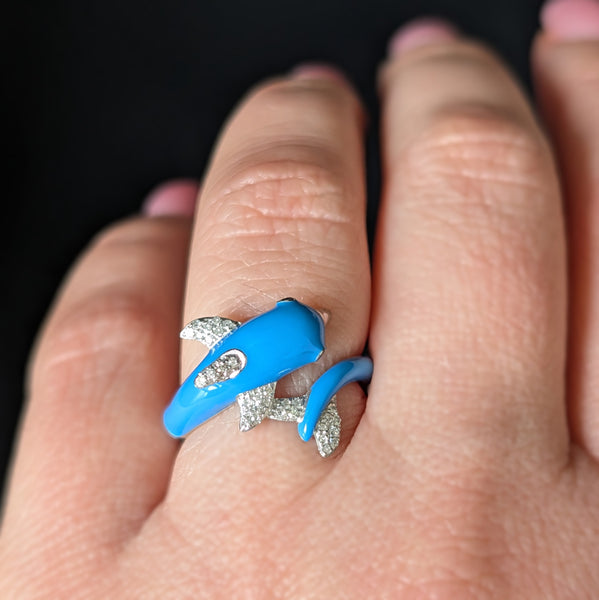 EFFY Dolphin Wrap Ring Diamonds Blue Enamel 14k White Gold New Old Stock with tags