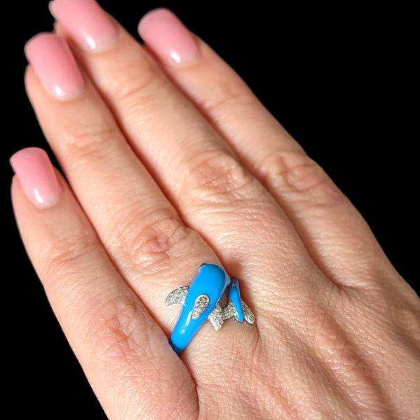 EFFY Dolphin Wrap Ring Diamonds Blue Enamel 14k White Gold New Old Stock with tags