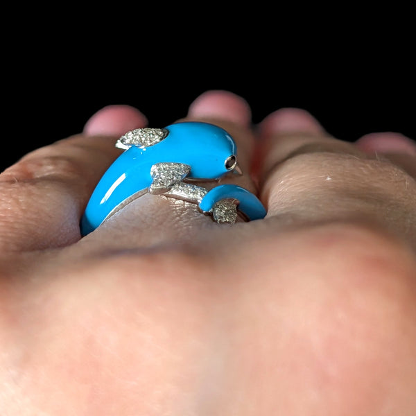 EFFY Dolphin Wrap Ring Diamonds Blue Enamel 14k White Gold New Old Stock with tags