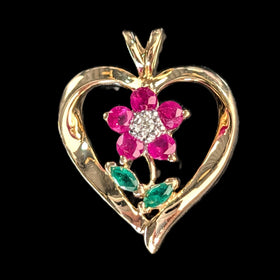 Vintage Flower Heart Diamond Ruby Emerald 10k Yellow Gold Pendant Estate Gift
