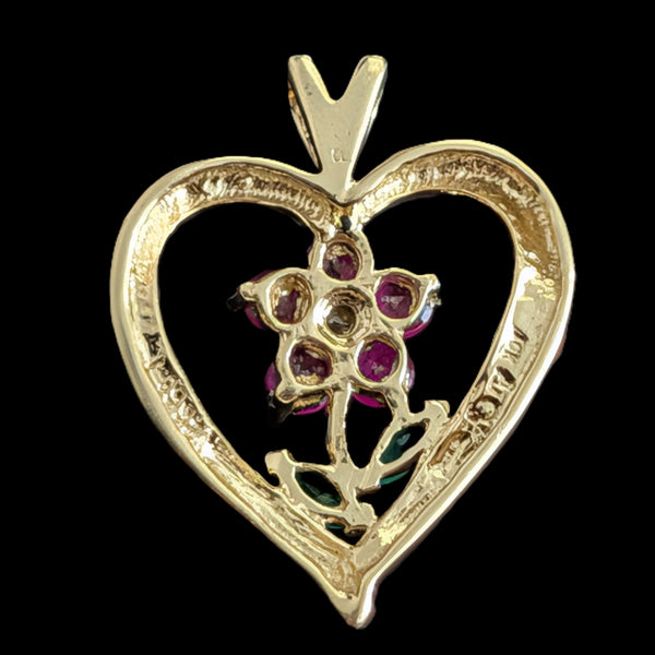 Vintage Flower Heart Diamond Ruby Emerald 10k Yellow Gold Pendant Estate Gift

