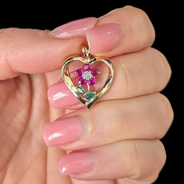 Vintage Flower Heart Diamond Ruby Emerald 10k Yellow Gold Pendant Estate Gift