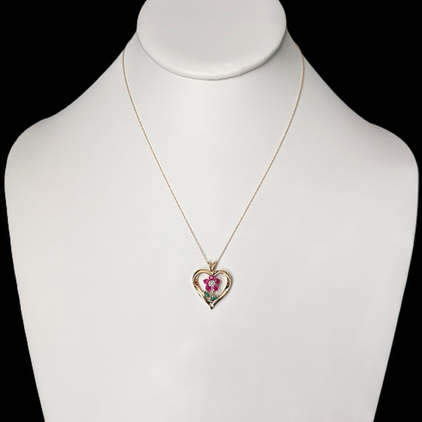 Vintage Flower Heart Diamond Ruby Emerald 10k Yellow Gold Pendant Estate Gift