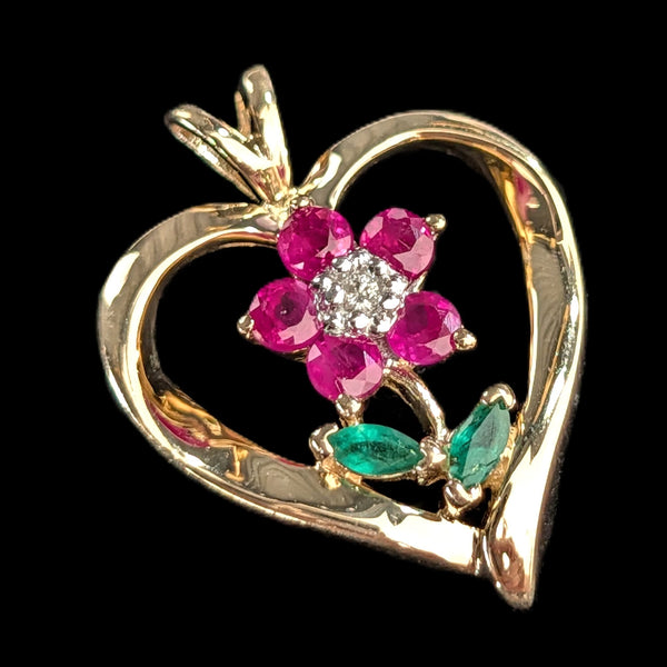 Vintage Flower Heart Diamond Ruby Emerald 10k Yellow Gold Pendant Estate Gift