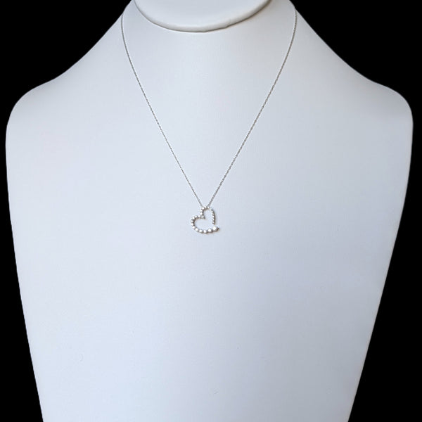 Estate Open Heart Diamonds 10k White Gold Necklace Pendant on Chain Gift Vintage