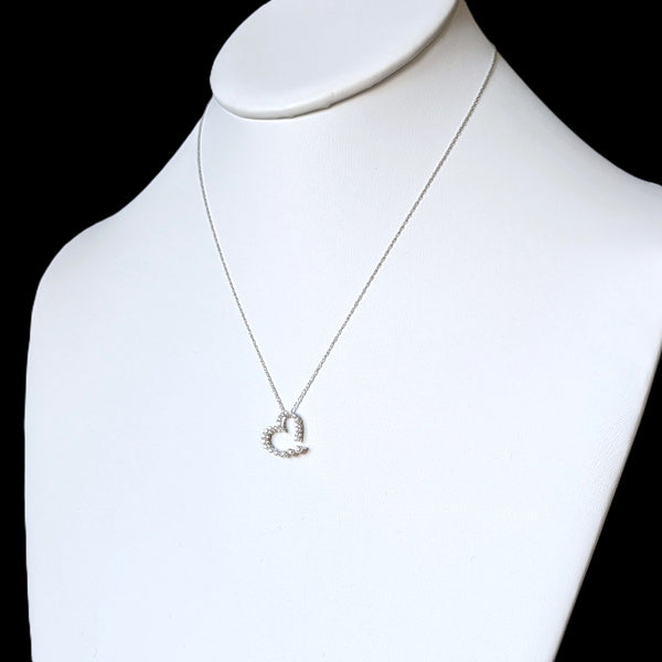 Estate Open Heart Diamonds 10k White Gold Necklace Pendant on Chain Gift Vintage