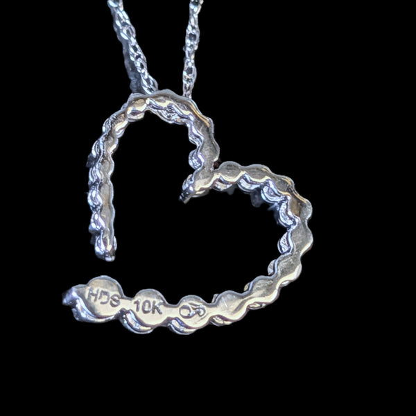 Estate Open Heart Diamonds 10k White Gold Necklace Pendant on Chain Gift Vintage