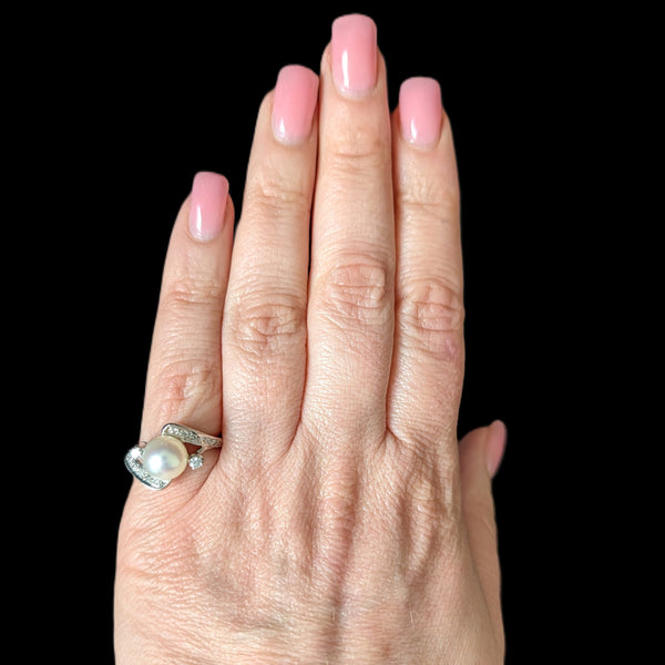 1950s BADEN & FOSS Vintage Pearl Diamonds 14k White Gold Ring Retro Bypass Gift