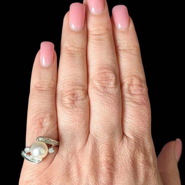 1950s BADEN & FOSS Vintage Pearl Diamonds 14k White Gold Ring Retro Bypass Gift
