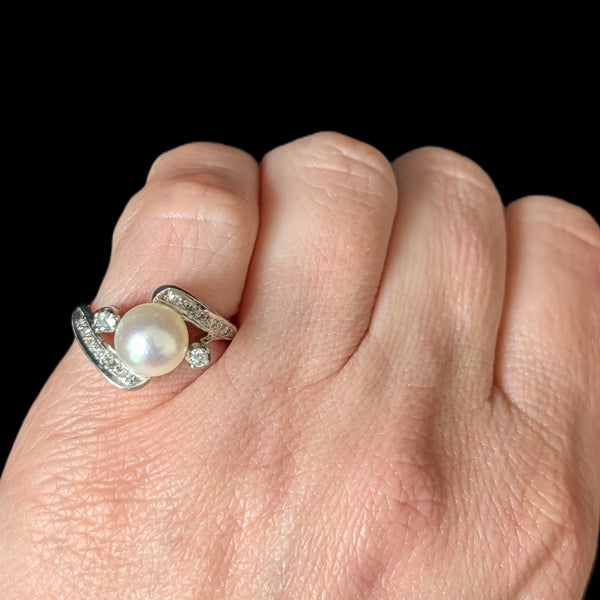 1950s BADEN & FOSS Vintage Pearl Diamonds 14k White Gold Ring Retro Bypass Gift