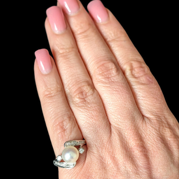 1950s BADEN & FOSS Vintage Pearl Diamonds 14k White Gold Ring Retro Bypass Gift