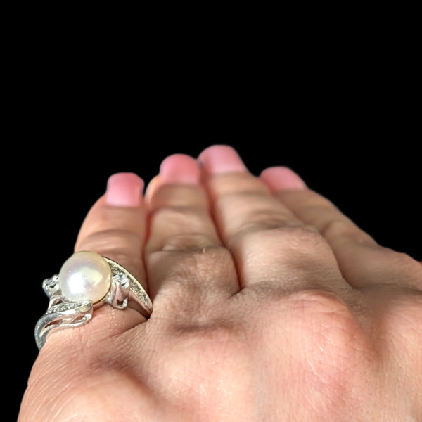 1950s BADEN & FOSS Vintage Pearl Diamonds 14k White Gold Ring Retro Bypass Gift