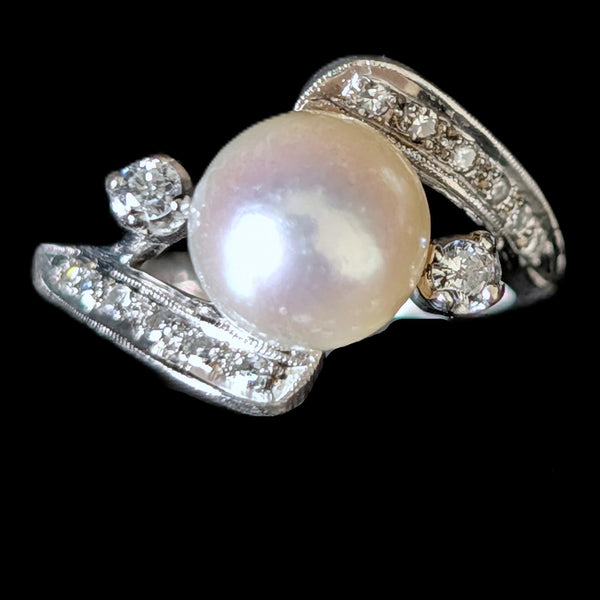 1950s BADEN & FOSS Vintage Pearl Diamonds 14k White Gold Ring Retro Bypass Gift