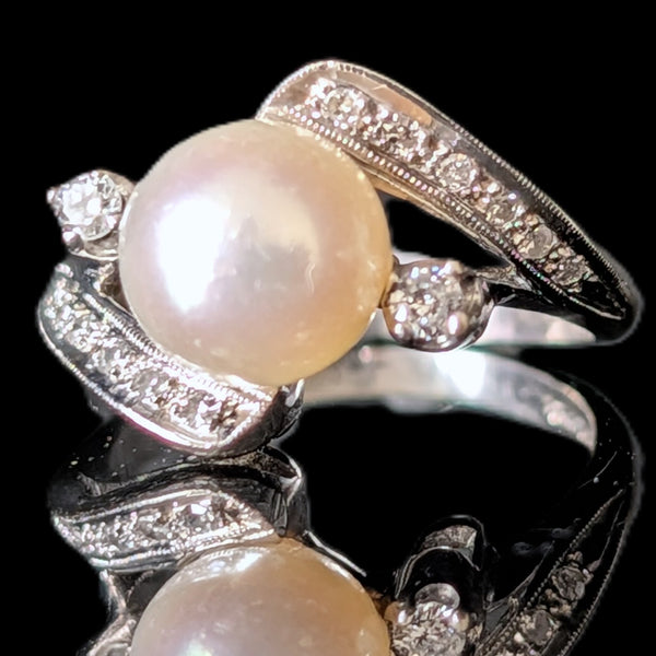 1950s BADEN & FOSS Vintage Pearl Diamonds 14k White Gold Ring Retro Bypass Gift