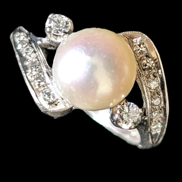 1950s BADEN & FOSS Vintage Pearl Diamonds 14k White Gold Ring Retro Bypass Gift