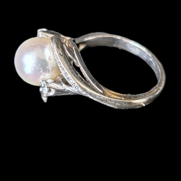 1950s BADEN & FOSS Vintage Pearl Diamonds 14k White Gold Ring Retro Bypass Gift