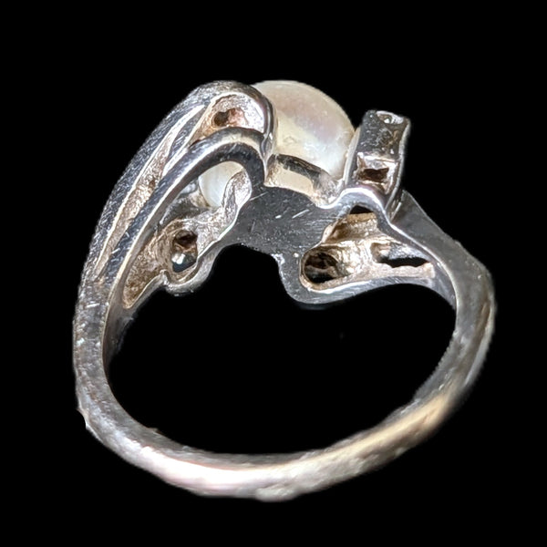 1950s BADEN & FOSS Vintage Pearl Diamonds 14k White Gold Ring Retro Bypass Gift