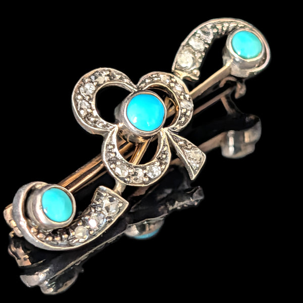 1800s Antique Victorian Turquoise Diamond 14K Gold Silver Topped Shamrock Brooch