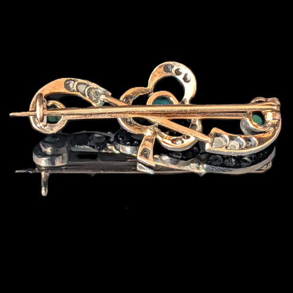 1800s Antique Victorian Turquoise Diamond 14K Gold Silver Topped Shamrock Brooch