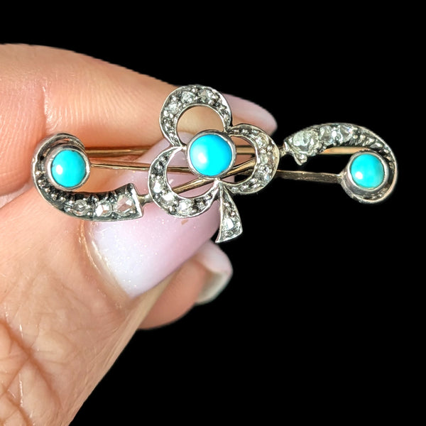 1800s Antique Victorian Turquoise Diamond 14K Gold Silver Topped Shamrock Brooch