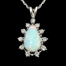Vintage Opal Diamonds 14k White Gold Pendant 10k Chain Necklace Estate Gift