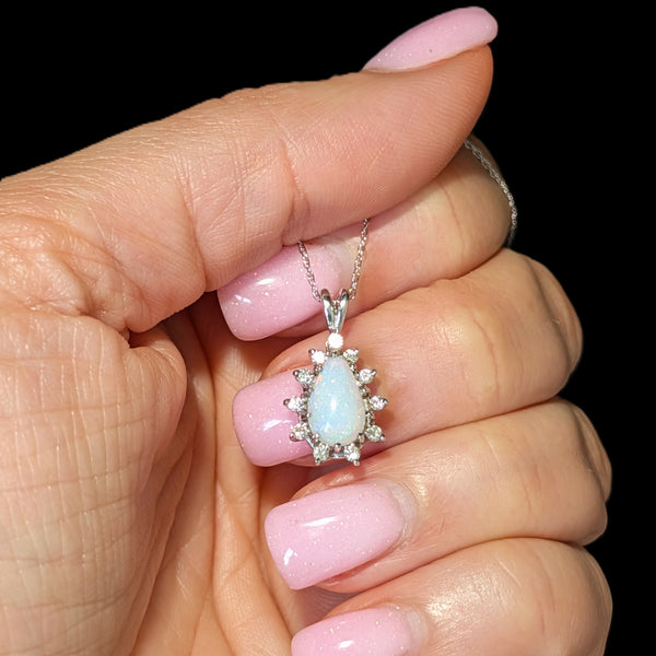 Vintage Opal Diamonds 14k White Gold Pendant 10k Chain Necklace Estate Gift