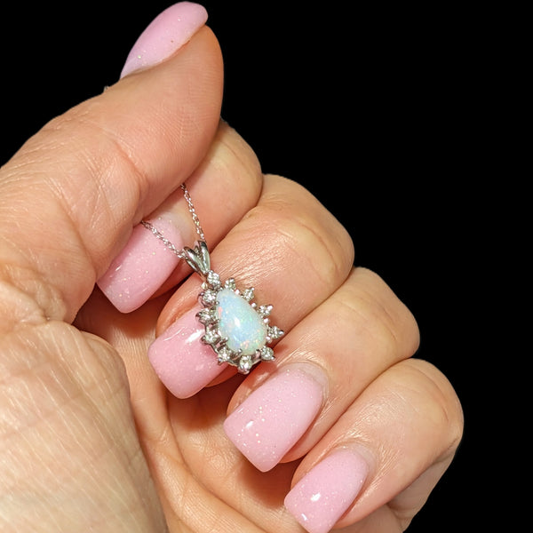 Vintage Opal Diamonds 14k White Gold Pendant 10k Chain Necklace Estate Gift