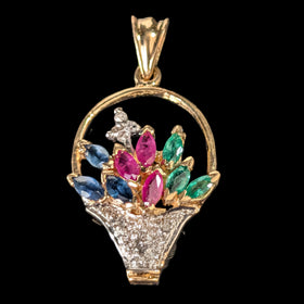 Vintage Diamond Ruby Emerald Sapphire 14k Yellow Gold Basket of Flowers Pendant