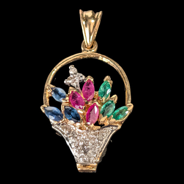 Vintage Diamond Ruby Emerald Sapphire 14k Yellow Gold Basket of Flowers Pendant