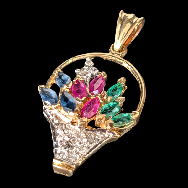 Vintage Diamond Ruby Emerald Sapphire 14k Yellow Gold Basket of Flowers Pendant