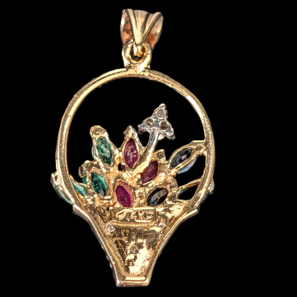 Vintage Diamond Ruby Emerald Sapphire 14k Yellow Gold Basket of Flowers Pendant