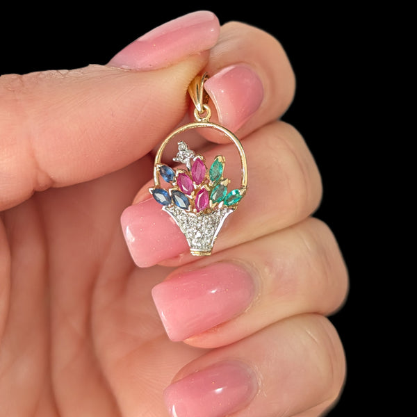 Vintage Diamond Ruby Emerald Sapphire 14k Yellow Gold Basket of Flowers Pendant