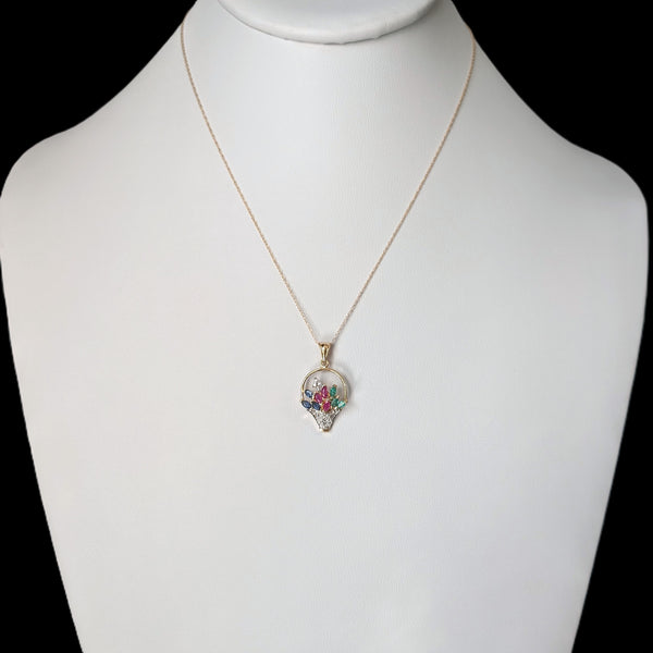 Vintage Diamond Ruby Emerald Sapphire 14k Yellow Gold Basket of Flowers Pendant