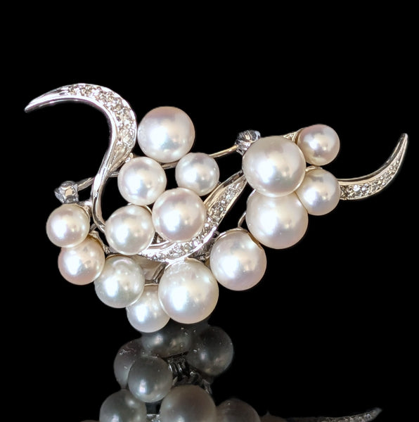1950s Vintage Diamonds Pearls 12-14k White Gold Brooch Pin Retro Estate Gift