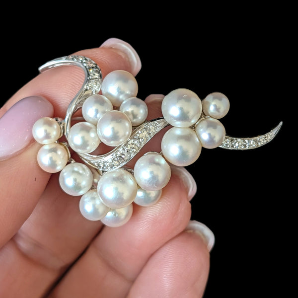 1950s Vintage Diamonds Pearls 12-14k White Gold Brooch Pin Retro Estate Gift