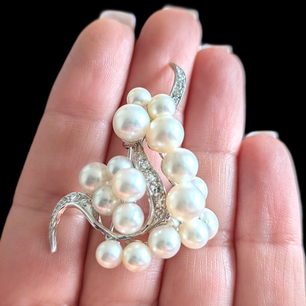 1950s Vintage Diamonds Pearls 12-14k White Gold Brooch Pin Retro Estate Gift