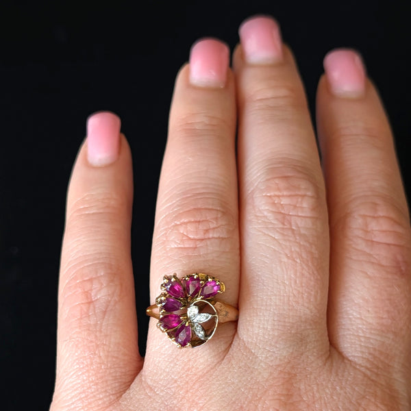 Vintage Pear Cut Rubies Diamonds 14k Yellow Gold Swirl Ring Estate Floral Gift