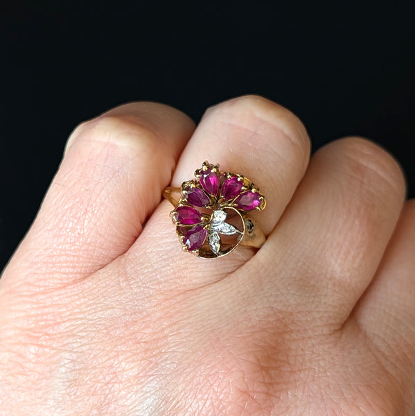 Vintage Pear Cut Rubies Diamonds 14k Yellow Gold Swirl Ring Estate Floral Gift