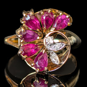 Vintage Pear Cut Rubies Diamonds 14k Yellow Gold Swirl Ring Estate Floral Gift