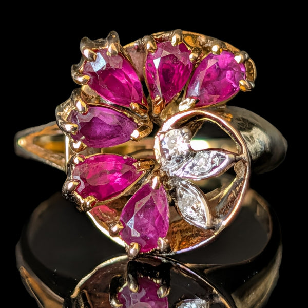 Vintage Pear Cut Rubies Diamonds 14k Yellow Gold Swirl Ring Estate Floral Gift