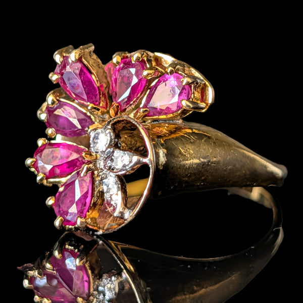 Vintage Pear Cut Rubies Diamonds 14k Yellow Gold Swirl Ring Estate Floral Gift