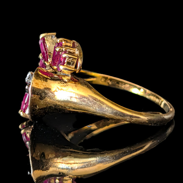 Vintage Pear Cut Rubies Diamonds 14k Yellow Gold Swirl Ring Estate Floral Gift