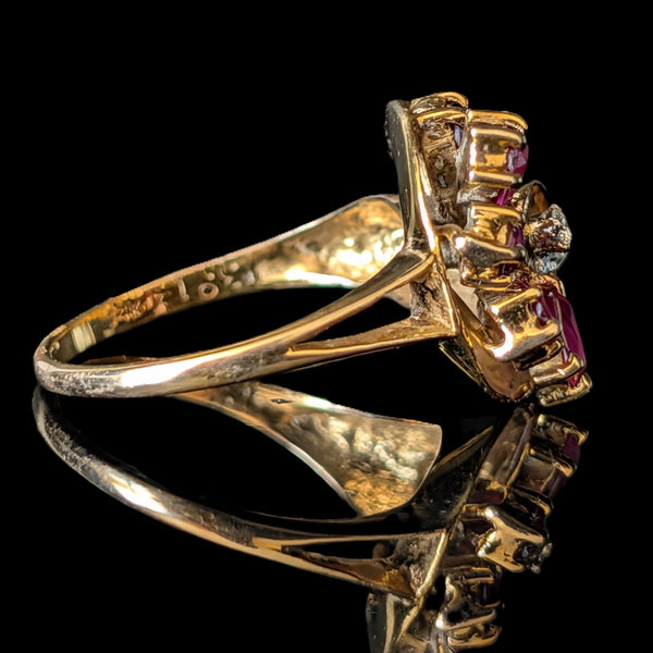 Vintage Pear Cut Rubies Diamonds 14k Yellow Gold Swirl Ring Estate Floral Gift