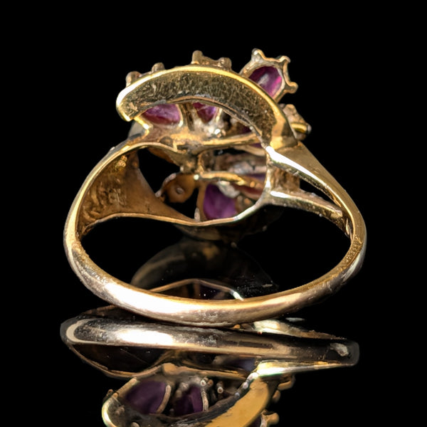 Vintage Pear Cut Rubies Diamonds 14k Yellow Gold Swirl Ring Estate Floral Gift