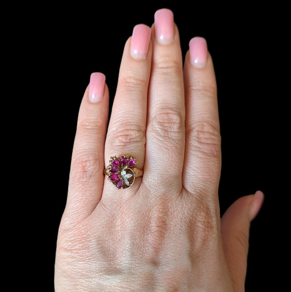 Vintage Pear Cut Rubies Diamonds 14k Yellow Gold Swirl Ring Estate Floral Gift