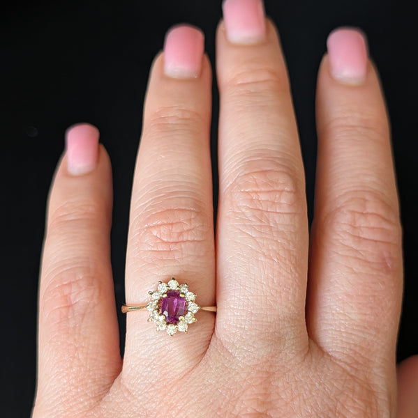 Vintage Ruby Diamonds 14k Yellow Gold Halo Statement or Gem Engagement Gift on hand