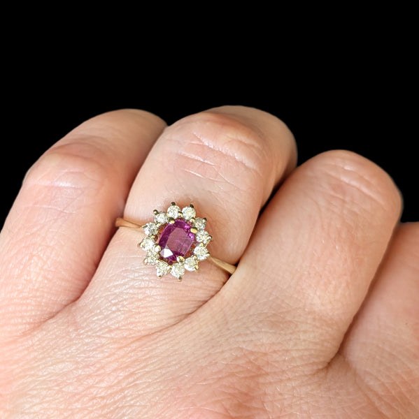 Vintage Ruby Diamonds 14k Yellow Gold Halo Statement or Gem Engagement Gift on hand