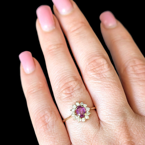 Vintage Ruby Diamonds 14k Yellow Gold Halo Statement or Gem Engagement Gift on hand