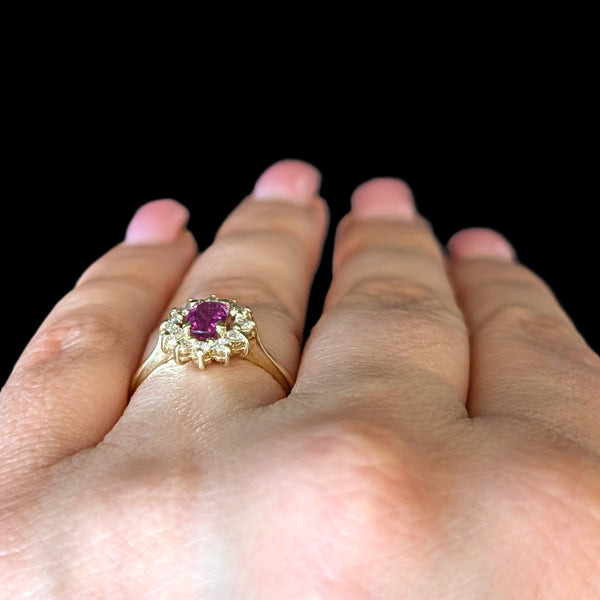 Vintage Ruby Diamonds 14k Yellow Gold Halo Statement or Gem Engagement Gift  on hand